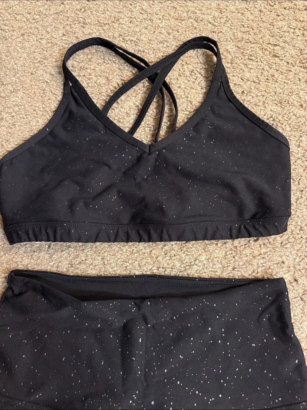 Beyond Yoga Black High-Waist Leggings and Bra Set with Iridescent Sequin Ombre